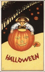 Halloween Little Boy JOL Spooky Candlelight Stecher 57B c1910 EXC COND Postcard