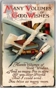 Many Volumes of Good Wishes, 1910 Ink Pen and Books, Greetings, Vintage Postcard