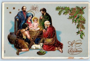 Christmas Baby Jesus Mary Shepherds Religious Pinecone Gel Gold Gilt Postcard
