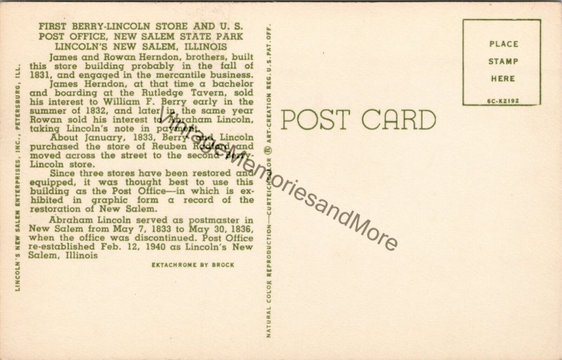 First Berry-Lincoln Store & US Post Office Lincoln's New Salem IL Postcard PC310