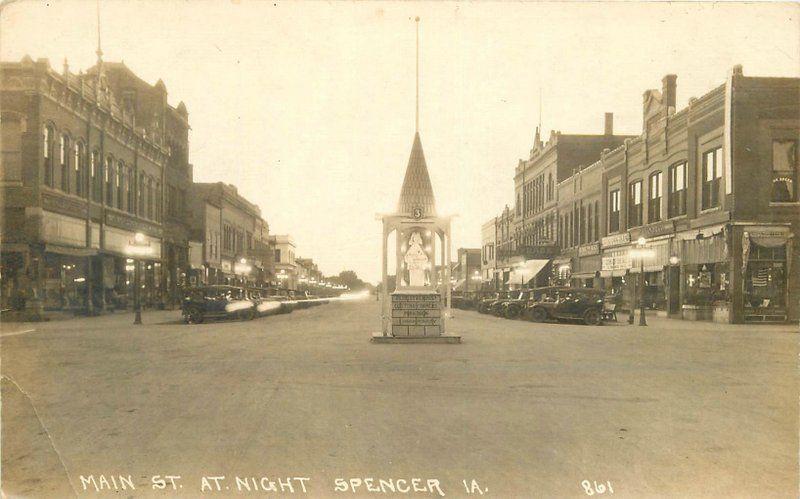 1920s Spencer Clay Iowa Main Street View Night Fraser Theatre RPPC Real Photo