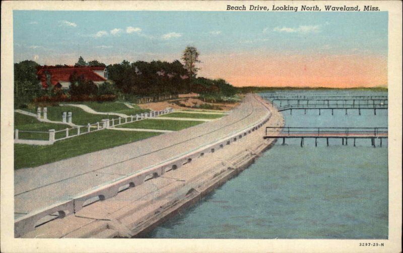 Waveland Mississippi MS Beach Drive Looking North Vintage Postcard