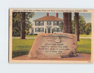 Postcard Memorial to Minute Men and House of Jonathan Harrington, Lexington, MA