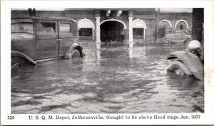 Postcard U.S.Q.M. Railroad Depot 1937 Flood Waters Jeffersonville, Ohio