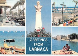 B110007 Cyprus Greetings from Larnaca, Statue, Beach Plage Harbour Boats Port