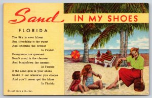 Florida~Poem & Beach View~Sand in my Shoes~Lady with Children~Linen Postcard
