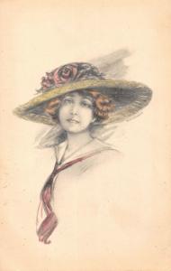 Lady in Green Flowered Hat Artist Signed Antique Postcard (J29247)