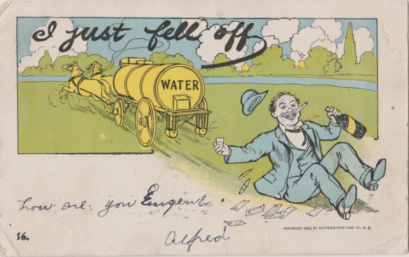 liquor drunk bum 1906 FELL OFF THE WAGON Postcard comic