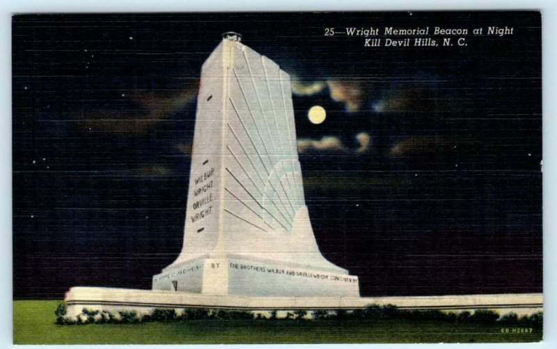 3 Postcards KILL DEVIL HILLS, NC ~ Night/Day WRIGHT MEMORIAL BEACON c1940s