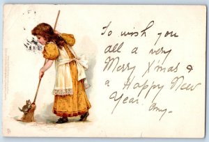 Frances Brundage Signed Postcard Christmas Child Girl With Broom Cat c1905