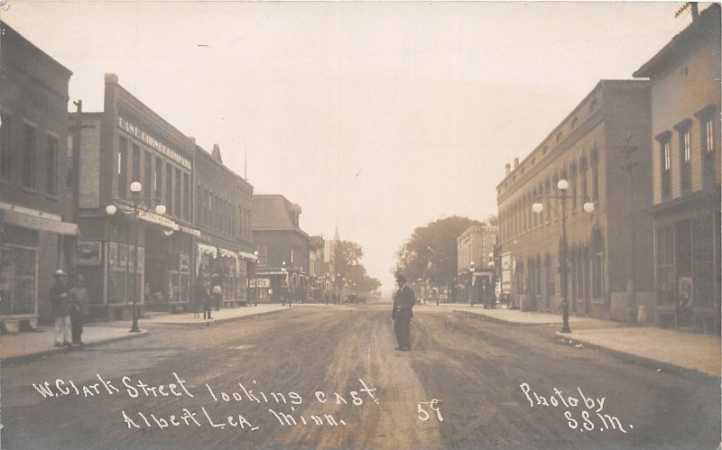 J17/ Albert Lea Minnesota RPPC Postcard c1910 W Clark Street Man Stores  4