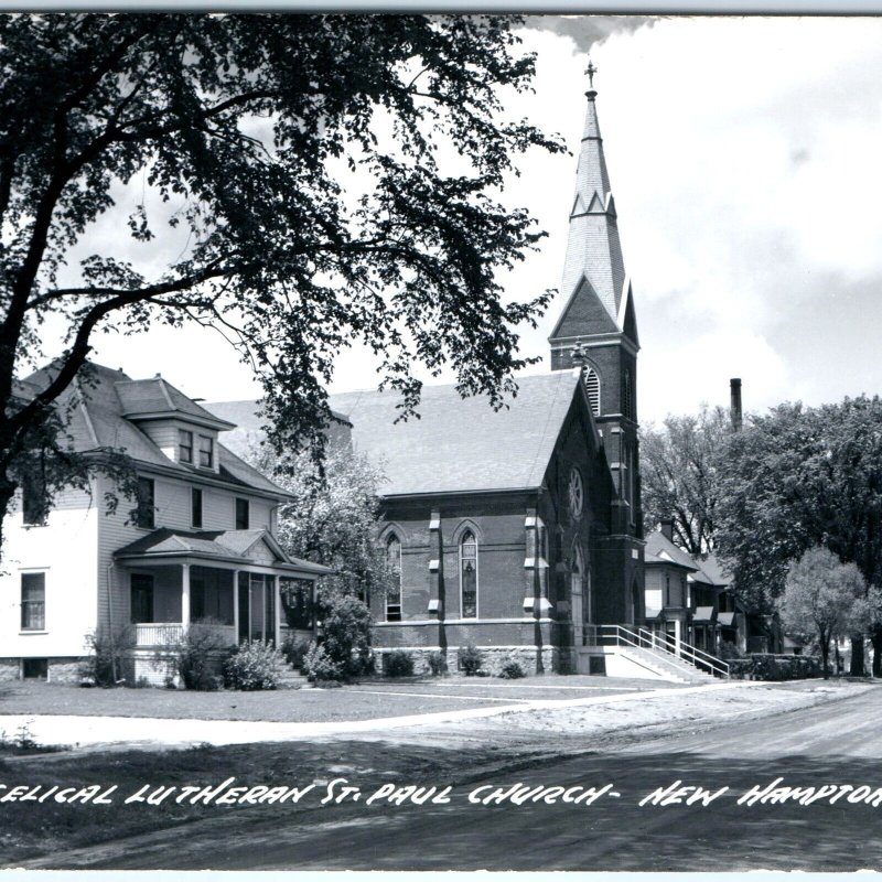c1950s New Hampton, IA RPPC Evangelical Lutheran St. Paul Church Dirt Road A112