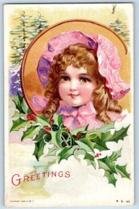 Christmas Postcard Greetings Pretty Girl Curly Hair Holly Berries Eldorn IA