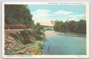 Linen~Ozarks Land Of A Million Smiles~US 71 Crosses Elk River MO~Vtg Postcard