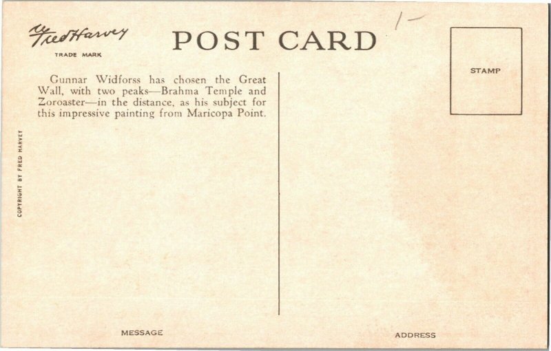 Fred Harvey Maricopa Point Grand Canyon Natl Park Gunnar Widforss Postcard I26