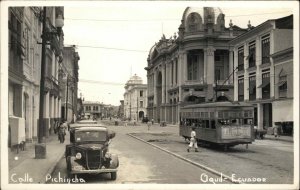 Guayaquil Ecuador Calle Pichincha Trolley & Car Real Photo Postcard