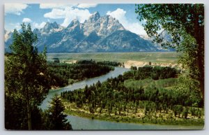 National & State Parks~Wyoming~Grand Teton Peak~River~Clouds~Vintage Postcard