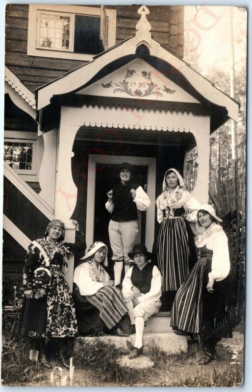 c1910s Leksand Sweden Outdoor House RPPC Traditional Dress Women Real Photo A124