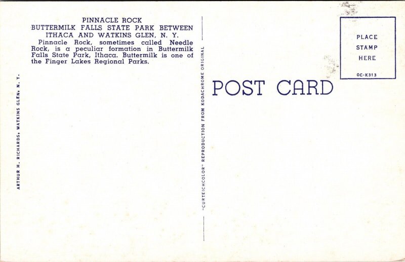 Pinnacle Rock Buttermilk Falls State Park Ithaca Watkins Glen NY Postcard VTG  