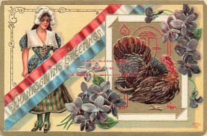 Thanksgiving, IPC No 443-1, Woman, Violets, Turkey, P. Sander