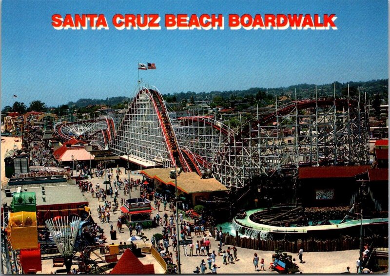 Santa Cruz CA Beach Boardwalk Roller Coaster Log Flume Rides Postcard Q57