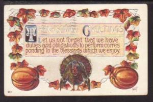 Thanksgiving Greetings Turkey Pumpkins Postcard 5897