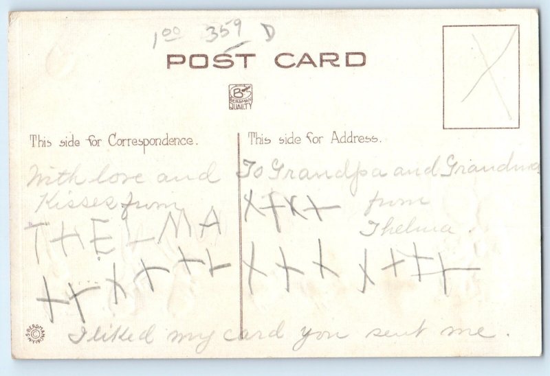 c1910's Easter Greetings Men With Flower Bunnies  Chicks Embossed Postcard