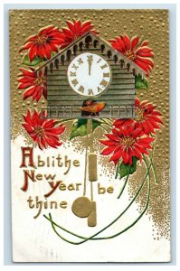 c. 1910 Gilt Blithe New Year Cuckoo Clock Postcard P42