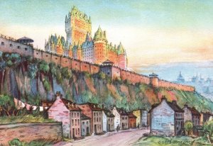 CONTINENTAL SIZE POSTCARD CHATENEAU FRONTENAC QUEBEC ART BY ANDRE MORENCY