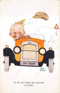 COMIC CHILD CAR DRIVING SWITZERLAND GERMANY ARTIST SIGNED ATTWWELL POSTCARD 1930