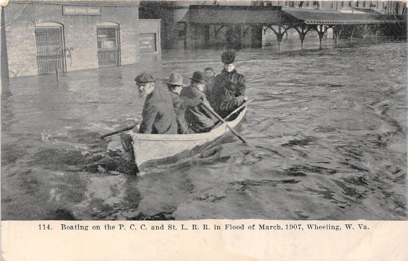 E66/ Wheeling W Va Postcard Flood Disaster 1907 Boating Railroad Line Depot 11