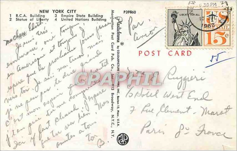 Postcard Modern RCA Building New York City Statue of Liberty Empire State Bui...