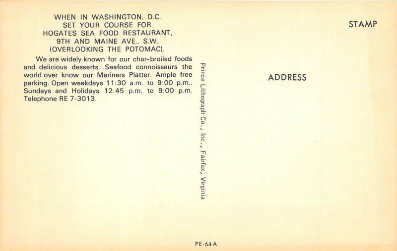 Washington DC 1960s Postcard Hogates Sea Food Restaurant