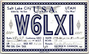 1936 QSL Radio Card Salt Lake City Utah W6LXI Amateur Radio Posted Postcard