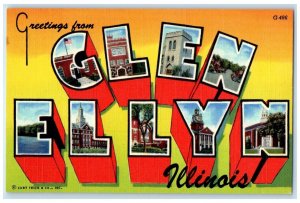 c1940 Greetings From Selected Views Glen Ellyn Illinois IL Big Letters Postcard