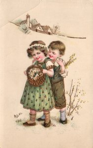 Vintage Postcard Cute Little Girl & Boy Flower Basket Holiday Themed Landscape