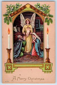 c1910's Christmas  Angel Mary Religious Mistletoe Candle Lights Antique Postcard