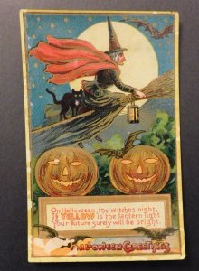 Mint USA Picture Postcard Halloween Witch Broomstick Lamp Pumpkins Greetings