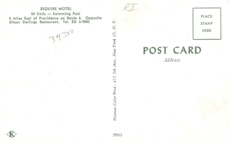 Dining Restaurant & Pool Esquire Motel Providence Rhode Island TV Postcard