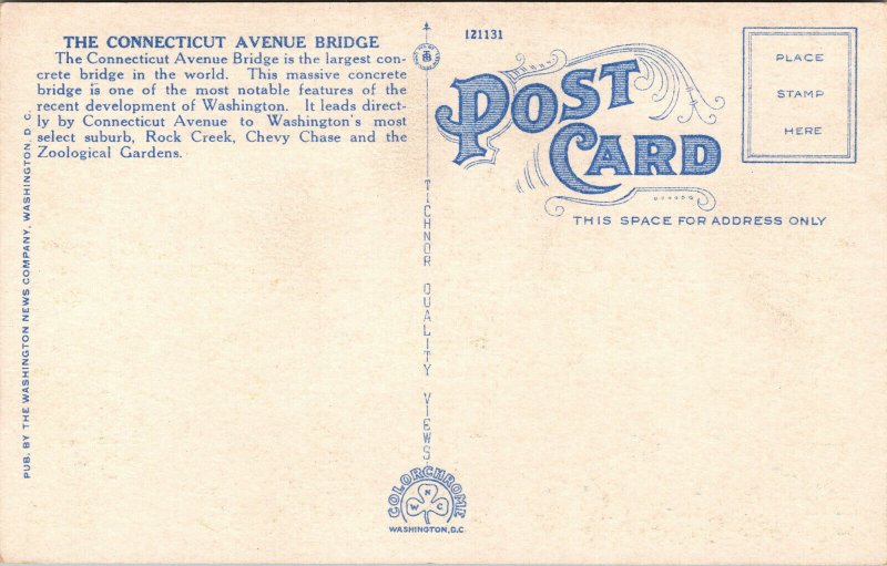 Vtg 1920s Connecticut Avenue Bridge Washington DC Unused Postcard