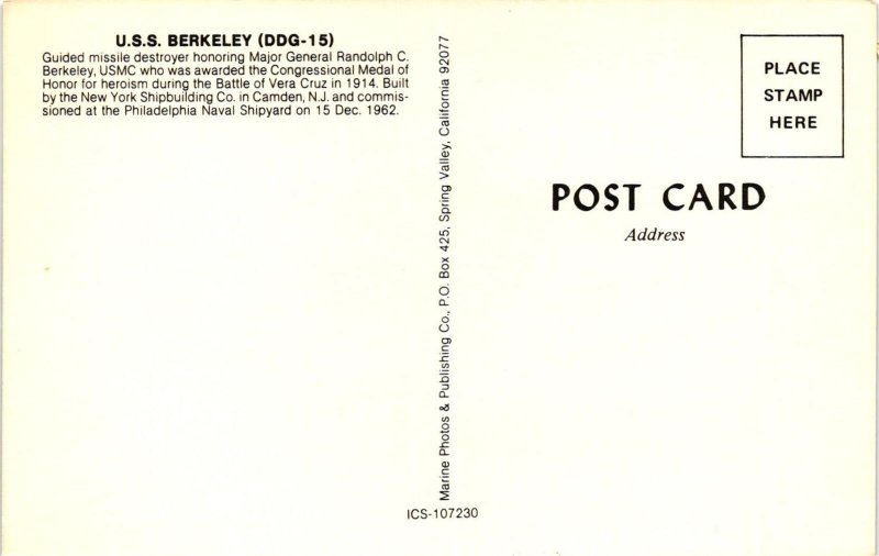 Vintage Postcard- USS Berkeley (DDG-15), Guided Missile Destroyer Ship.