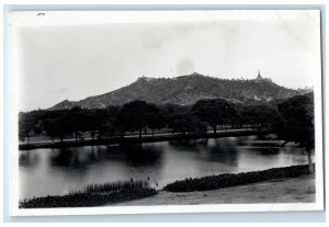 c1930's Lake Mountain Temple View Siam Bangkok Thailand RPPC Photo Postcard