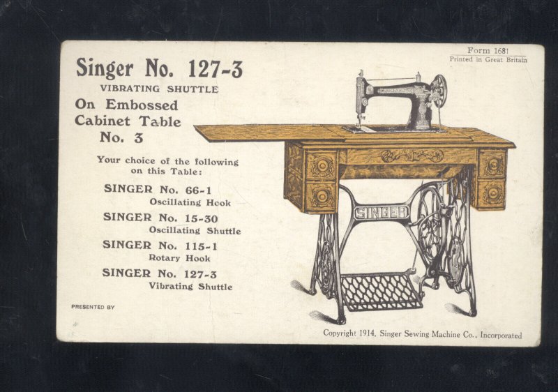 1914 SINGER SEWING MACHINE NO. 127-3 SWITZERLAND VINTAGE ADVERTISING POSTCARD