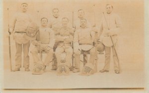 Several men in old-fashioned fencing uniforms holding fence helmets photo card 