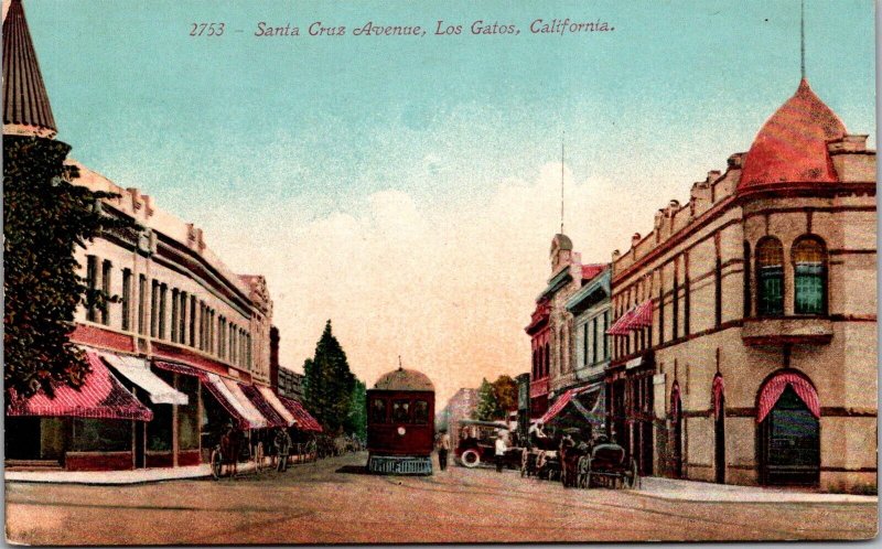 Streetcar on Santa Cruz Avenue, Los Gatos CA Vintage Postcard S74