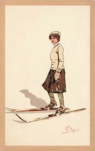 Artist C. Pellegrini Artist Woman Skier #54 ORIGINAL Postcard