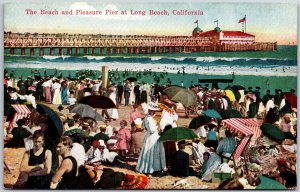 The Beach And Pleasure Pier Long Beach California CA Crowd Bathing Postcard