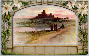 Greetings Card Landscape With Flower Borders Overlooking Castle Vintage Postcard