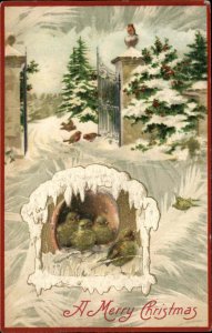 Christmas Gate Birds Snow Embossed Winsch c1900s-20s Postcard