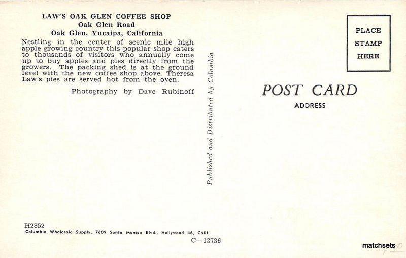 OAK GLEN YUCAIPA CALIFORNIA Laws Oak Glen Coffee Shop cars postcard 2567